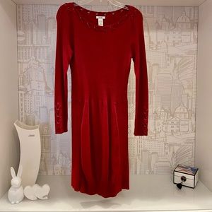 Cache Midi Sweater Dress Laced Grommet-Trim Berry Color Long Sleeves Size M